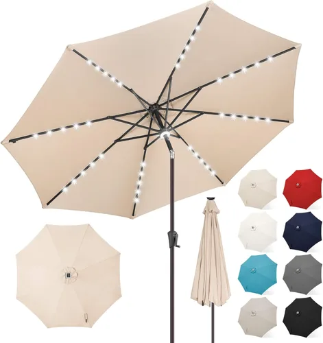 Miniatura 9 de FLAME&SHADE Sombrilla de patio con luz solar de 7.5 pies, 24 luces LED, sombrilla para exteriores con luz envolvente central, sombrilla de mesa