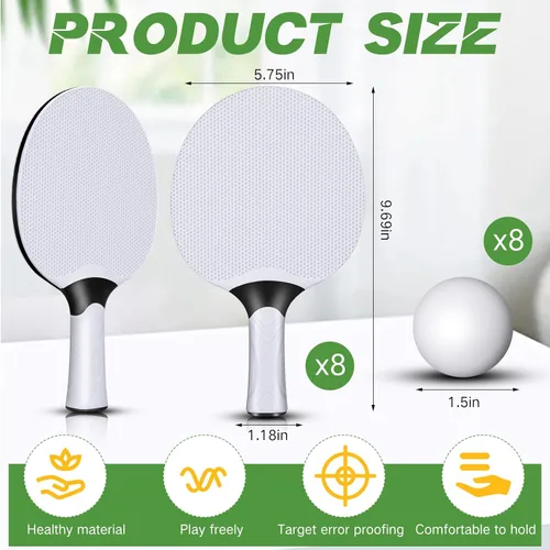 Miniatura 2 de Junkin Juego de 8 palas de tenis de mesa, juego de raquetas profesionales de goma compuesta portátil, raquetas de tenis de mesa con 8 pelotas