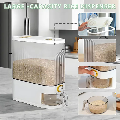 Miniatura 6 de Contenedor de almacenamiento de arroz de 22.0 lbs, dispensador transparente de granos de alimentos con dial de fecha y taza medidora, organizador
