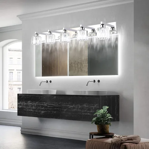 Miniatura 3 de Aipsun Lámpara de tocador de baño de cristal de acero inoxidable, moderna, 5 luces, accesorios de tocador de baño de cristal (no incluye bombilla)