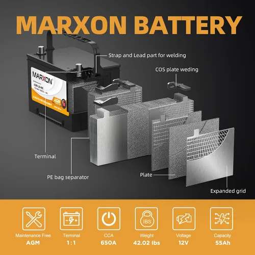 Miniatura 4 de MARXON Grupo 34 Arrancar y detener la batería de coche 12v 55AH 650CCA AGM BCI34 Baterías de repuesto automotrices sin mantenimiento