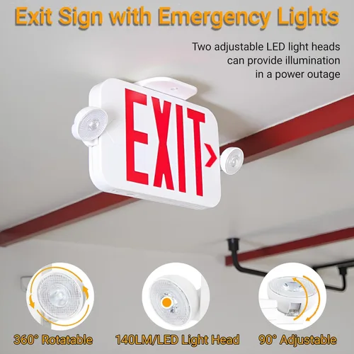 Miniatura 2 de LIT-PaTH Letrero LED de salida combinado con 2 luces de cabeza ajustables y cara doble, baterías de respaldo, iluminación de salida de emergencia