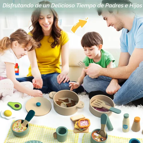 Miniatura 6 de Accesorios de cocina de madera para niños, ollas y sartenes de madera para jugar cocina, juguetes de simulación, juego de comida de madera
