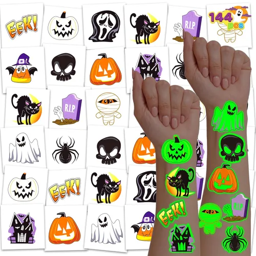 JOYIN 144 tatuajes temporales brillantes de Halloween, 12 diseños luminosos de Halloween, calabaza, fantasma, calcomanías de tatuaje para niños,