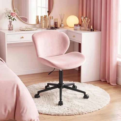 DurayLoly Silla de tocador con ruedas, bonita silla de escritorio sin brazos con respaldo, silla de oficina pequeña giratoria de 360° en altura Rosa