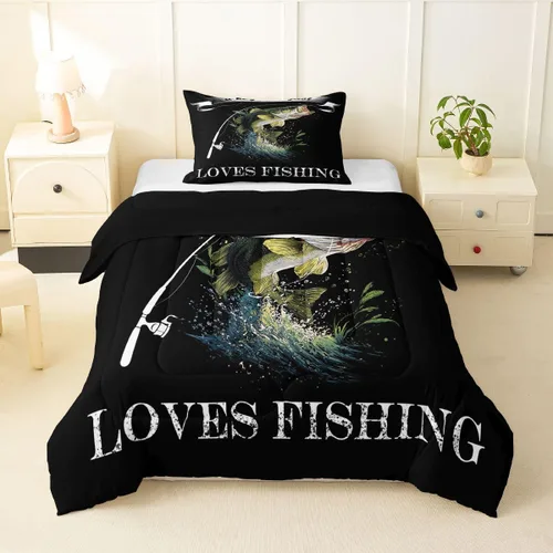 Erosebridal Juego de edredón de pesca tamaño individual para hombres, juego de ropa de cama de peces de lubina para pescadores, niños de caza y
