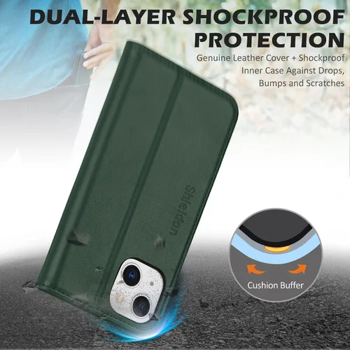 Miniatura 6 de SHIELDON Funda para iPhone 13, funda plegable de piel auténtica con función atril con bloqueo RFID, ranuras para tarjetas, funda magnética a prueba