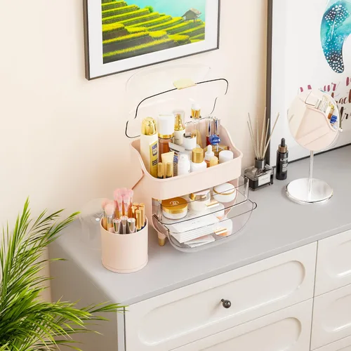 Miniatura 2 de Yieach Organizador de maquillaje de encimera para tocador, organizador de cuidado de la piel de gran capacidad con cajones y soporte para brochas