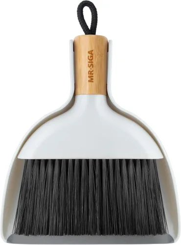 MR.SIGA Juego de mini recogedor y cepillo, cepillo de limpieza portátil y recogedor combinado con mango de bambú, 1 juego Blanco