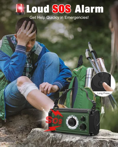 Miniatura 6 de Radio de emergencia 10000mAh/37000mWh, radio solar, radio de manivela, radio meteorológica NOAA AM FM, 4 métodos de carga, batería de polímero