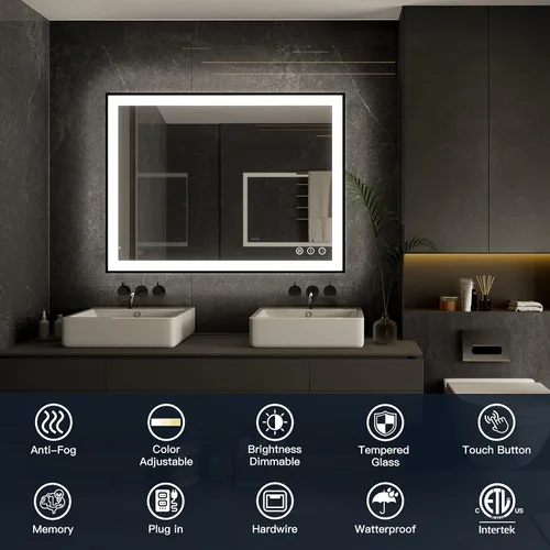 Miniatura 2 de ISKM Espejo LED con marco para baño de 40"x30", espejo de baño LED regulable con luces, antivaho, espejo iluminado frontal y retroiluminado de 3