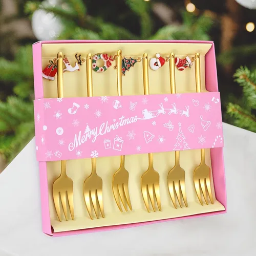 Miniatura 9 de Juego de cubiertos dorados de Navidad para postre, cubiertos de acero inoxidable, 6 piezas, utensilios de aperitivo con mango de abalorios
