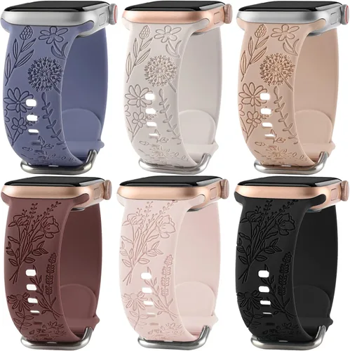 Miniatura 8 de Paquete de 6 correas de silicona grabadas con estampado floral compatibles con Apple Watch de 1.575 in 1.614 in 1.496 in 1.654 in 1.732 in 1.772 in