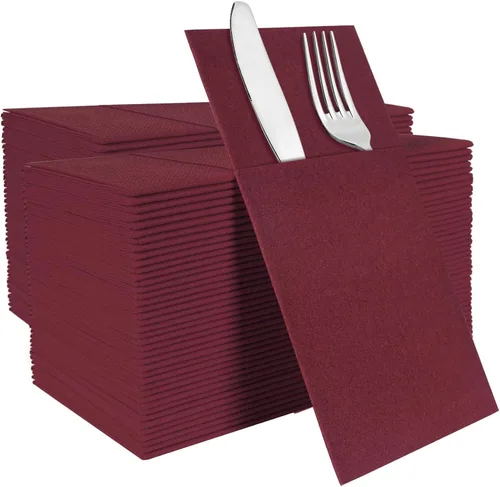 Miniatura 21 de Servilletas rojas desechables con sensación de lino con bolsillo integrado para cubiertos, preplegadas para cuchillos y tenedores, servilletas