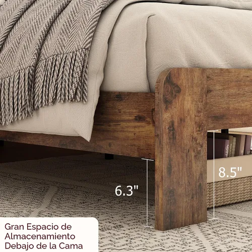 Miniatura 7 de Marco de cama tamaño completo de madera, cabecero con almacenamiento y estación de carga y luces LED, estructura robusta de granja rústica, fácil