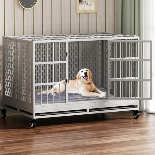 Miniatura 11 de Snuowu Jaula para perros de 48 pulgadas de servicio pesado con ruedas, jaula plegable de metal para perros grandes y medianos, jaula para perros