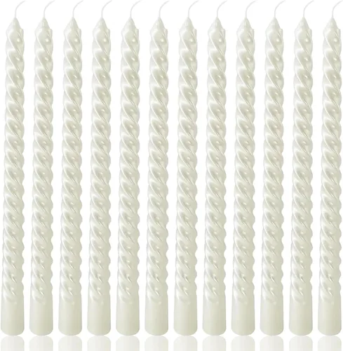 Juego de velas cónicas en espiral de color blanco metálico de 10 pulgadas para decoración navideña, paquete de 12 velas trenzadas sin perfume, velas