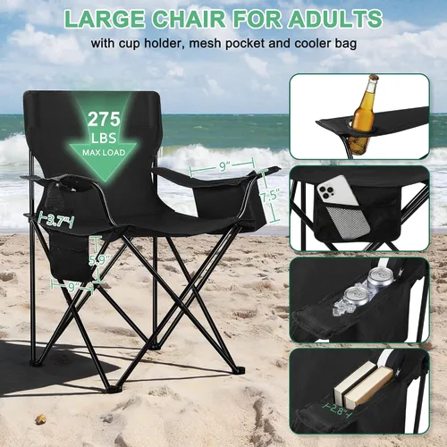 Miniatura 4 de HaSteeL Paquete de 2 sillas de camping, sillas de playa plegables grandes con bolsa refrigeradora, portavasos y bolsillo de almacenamiento, portátil