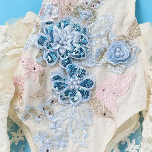 Miniatura 6 de Traje de primer cumpleaños para niña con volantes manga corta encaje floral vestido de tul diadema de corona sesión de fotos