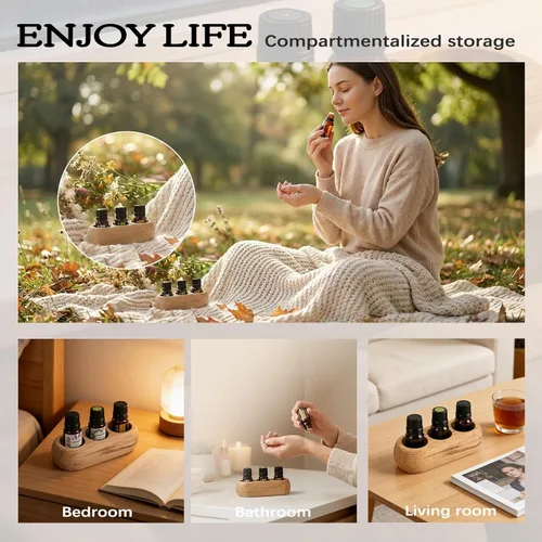 Miniatura 5 de RoseFlower Soporte organizador de madera para exhibición de aceites esenciales – 3 ranuras de madera de roble rojo – Capacidad para hasta 3 botellas