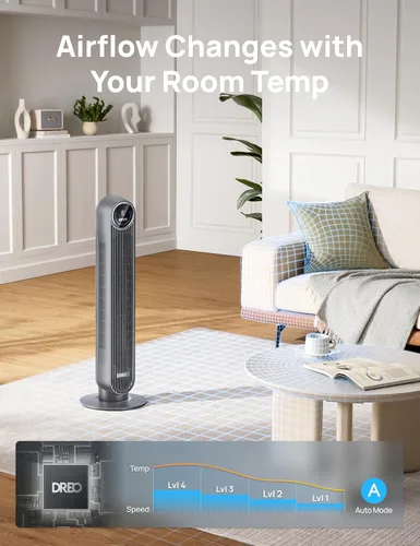 Miniatura 7 de Dreo Ventilador de torre para dormitorio, ventilador de suelo silencioso de velocidad de 25 pies/s, ventiladores oscilantes de 90° para interiores