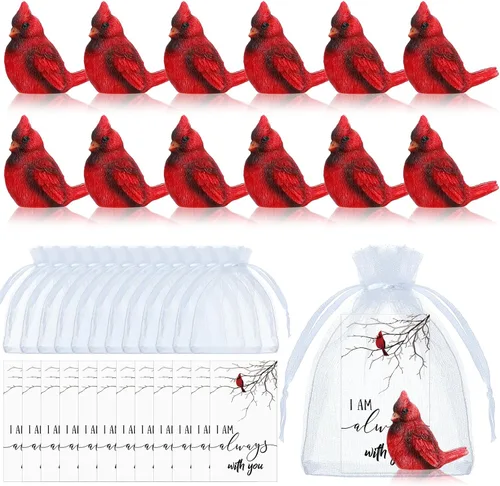 Miniatura 7 de Roowest El juego de 18 piezas de regalo conmemorativo cardenal incluye mini figuras de estatua de pájaro cardenal rojo, tarjetas de plumas rojas
