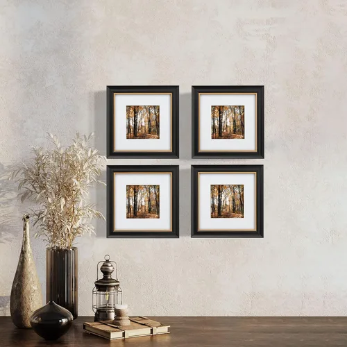 Miniatura 2 de Marco de Fotos Vintage Neutro Negro de 8x8 pulgadas, Perfil de Madera Maciza Pintado a Mano y Borde de Lámina Dorada Metálica Antigua, Con Paspartú