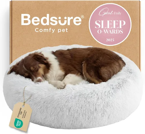 Bedsure - Cama relajante para perros grandes, lavable, tipo dona, antideslizante, redonda, afelpada, mullida, de piel sintética, para mascotas Gris