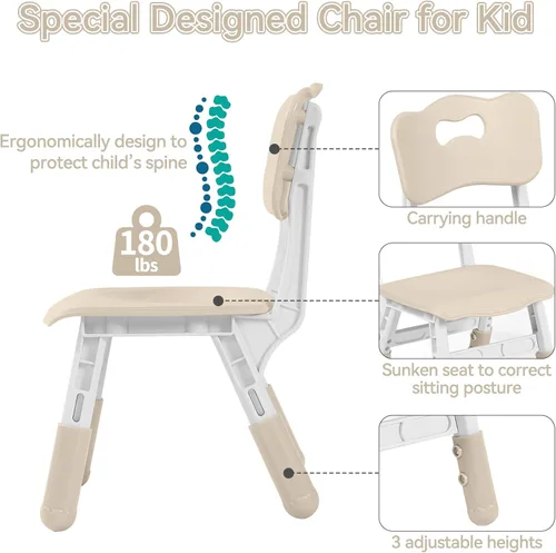 Miniatura 5 de Juego de mesa y 4 sillas para niños, escritorio de estudio para niños, mesa de comedor, escritorio de plástico ajustable en altura ajustable, Grano