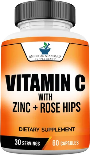 American Standard Supplements Vitamina C 2000mg, Zinc 40mg, y Escaramujo 50mg por Porción – Vegano, Sin Gluten, Sin OMG (60 Unidades)