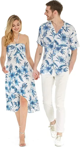 Conjunto de traje de fiesta hawaiano Luau a juego para parejas, vestido camisero en negro Rafelsia