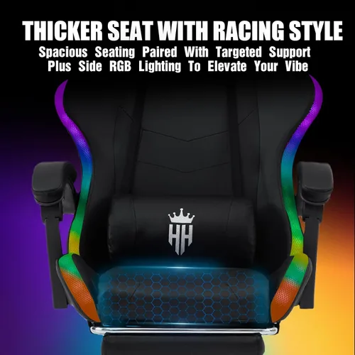 Miniatura 8 de Silla de juegos RGB con reposapiés, silla de juegos de computadora con luces LED para adultos, silla reclinable con reposacabezas ajustable, soporte