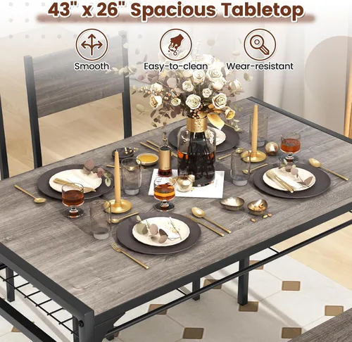 Miniatura 3 de COSTWAY Juego de mesa de comedor de 4 piezas, mesa de cocina y 2 sillas para 4 con banco, estantes de almacenamiento, marco de metal y diseño que
