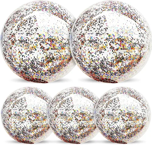 Paquete de 5 bolas de playa de lentejuelas de 16 pulgadas y 24 pulgadas, inflables, confeti con purpurina, pelota de playa transparente, juguete