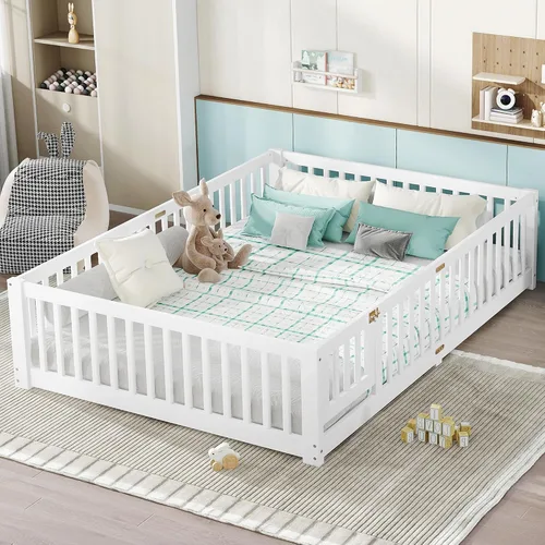 Miniatura 14 de Harper & Bright Designs Cama Montessori de madera tamaño individual, cama de piso con rieles altos, listones y puerta, marco de cama de madera