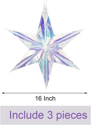 Miniatura 2 de Paquete de 3 adornos holográficos colgantes de estrella de 6 puntos, adorno decorativo de techo de lámina blanca iridiscente brillante para decorar