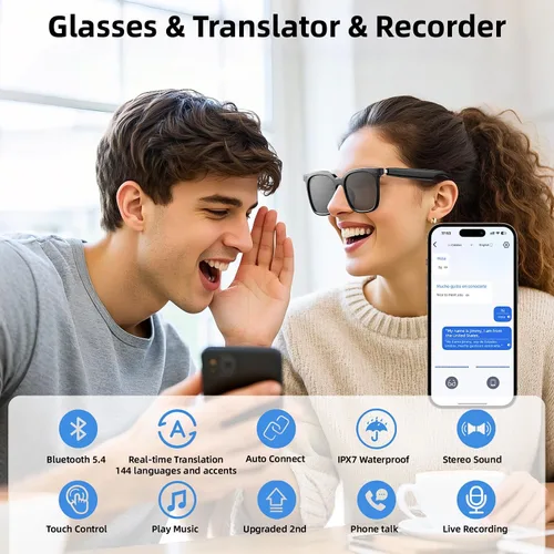 Miniatura 6 de Lentes inteligentes, gafas Bluetooth para hombres y mujeres, protección UV, traducción en tiempo real con más de 144 idiomas, gafas AI con chat GPT