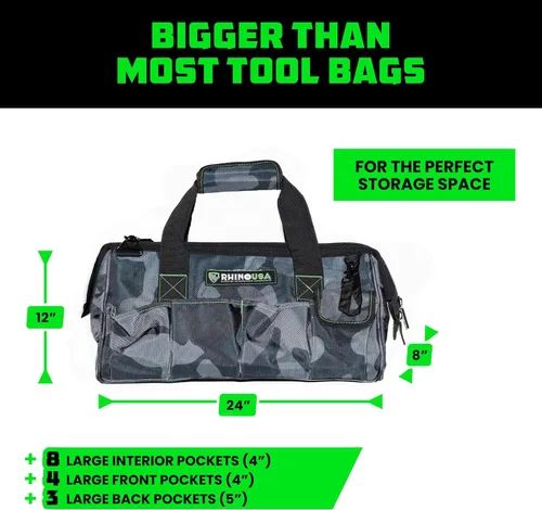 Miniatura 6 de Rhino USA Bolsa de herramientas (18 pulgadas) resistente de boca ancha con cremallera para hombres, bolsas grandes para herramientas con bolsillos