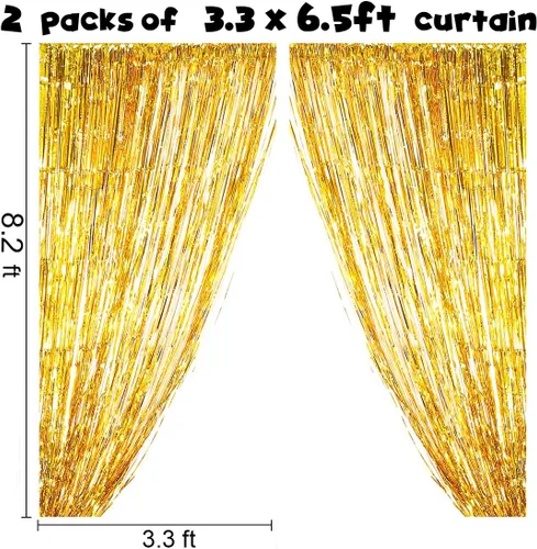 Miniatura 2 de Cortina de telón de fondo dorado con flecos para decoración de fiestas, 6.5 x 6.5 pies, paquete de 2 cortinas de papel de aluminio dorado