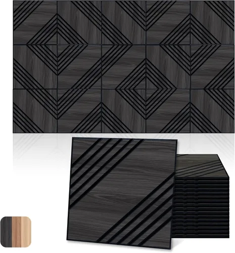 Miniatura 11 de Mollywell Paneles acústicos, decoración de grano de madera de PVC, azulejos de pared con patrón tallado de 12 x 12 pulgadas, autoadhesivos