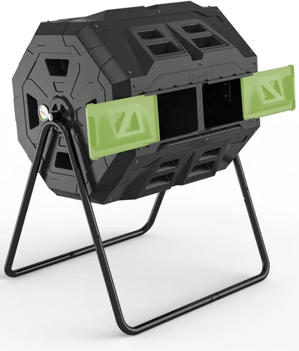 Miniatura 7 de Compostador giratorio mejorado 2021 con termómetro de compost - Contenedor de compost de jardín de cámara doble (43 galones, negro)