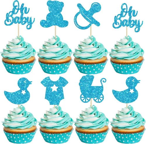 Gyufise 36 piezas Oh Baby Cupcake Toppers Glitter Bear Chupete Baby Carriage Cupcake Picks Baby Shower Cake Decoraciones para revelación de género