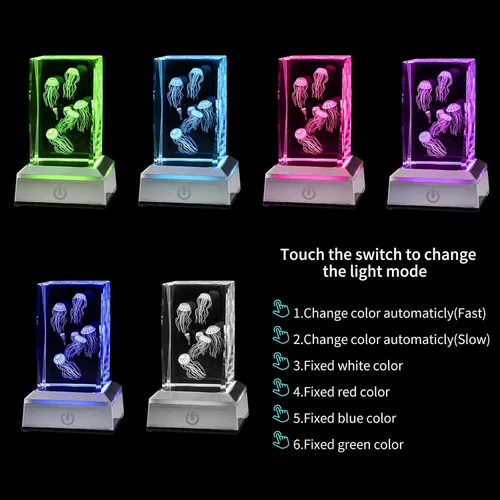 Miniatura 6 de LONGWIN Figuras de medusas de cristal 3D, luz nocturna multicolor, regalos grabados con láser de vidrio para niños y niñas en cumpleaños, Navidad