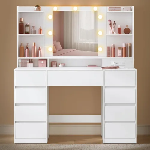 Miniatura 11 de VASAGLE Kailyn Collection - Escritorio de tocador con tomas de corriente y luces LED, mesa de maquillaje de 35.4 pulgadas de ancho con espejo, cajón