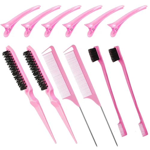 Miniatura 9 de Juego de 3 piezas de peines para peinar el cabello, cepillo de cardado, peine cola de rata, cepillo de bordes para cepillado de bordes y parte Rosa
