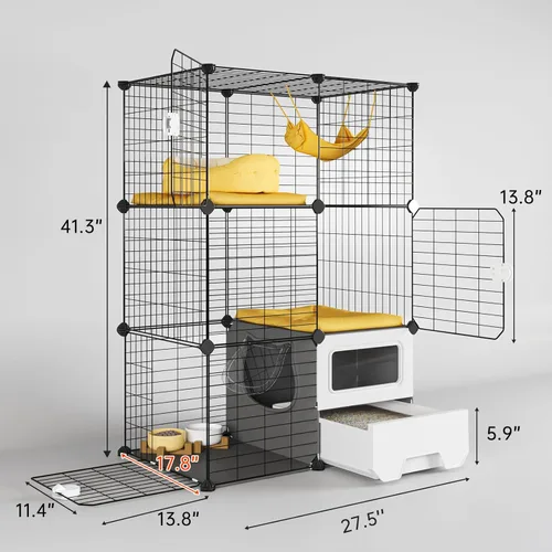 Miniatura 6 de Oneluck Jaula para Gatos de Interior con Caja de Arena de 3 Niveles DIY Corral para Gatos Desmontable Jaula de Alambre Metálico Grande Lugar