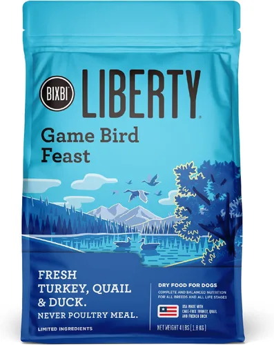 BIXBI Liberty - Alimento seco apto para perros, receta de fiesta de aves de caza, 4 libras, carne fresca, sin harina de carne, sin rellenos para una