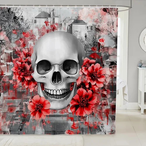 Cortina de ducha con diseño de calavera de azúcar para niños y niñas, cortina de baño con rosas y rosas, decoración de habitación femenina para