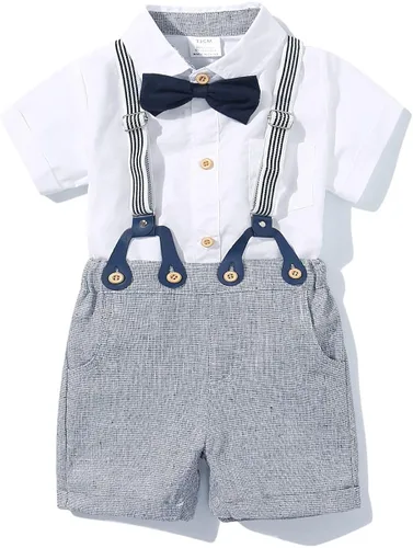 Conjunto de traje para pequeño bebé caballero, camiseta de manga corta para bebe+babero+pantalones+corbata de moño+ overol.
