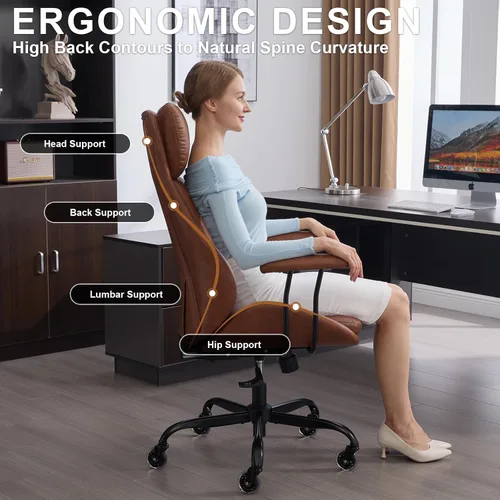 Miniatura 3 de E-Motie Silla de oficina, silla de escritorio de cuero con ruedas de goma, silla ergonómica para computadora de 500 libras con soporte lumbar, silla